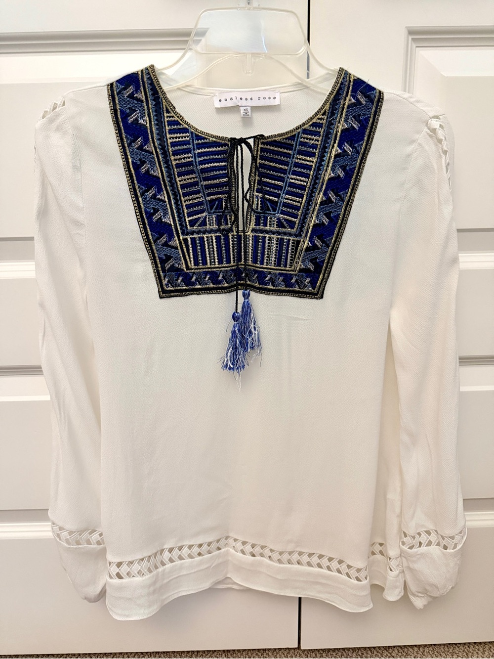 Endless Rose White Blouse with Blue Embroidered Yoke